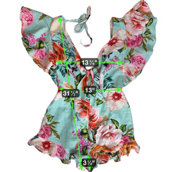 Tropical Floral Print Plunge Neck Romper Medium Flutter Ruffle Summer Resortwear - Picture 5 of 16